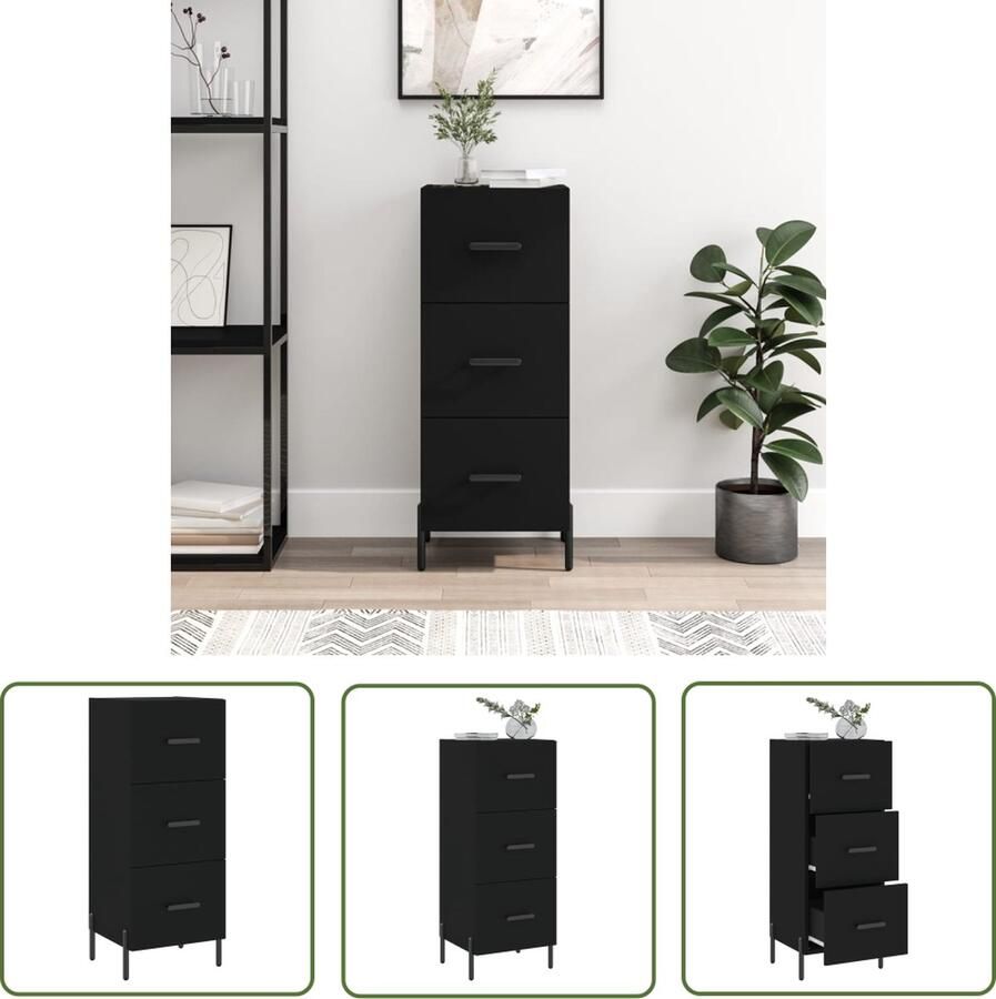 The Living Store Dressoir Moderne uitstraling Duurzaam hout Metalen poten 3 lades Stevig blad Zwart 34.5 x 34 x 90 cm Montage vereist - Foto 2