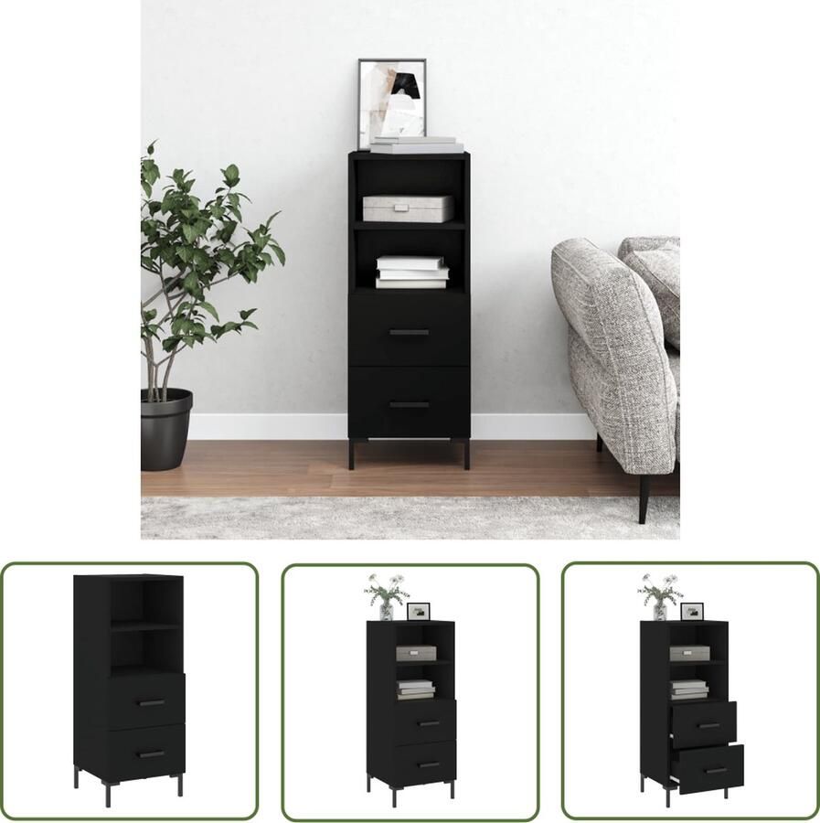The Living Store Dressoir 34 5x34x90 cm bewerkt hout zwart Modern Dressoir Zwarte Dressoir Houten Dressoir Met Lade Dressoir Met Vakken