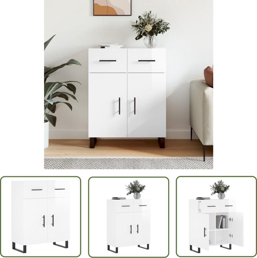 The Living Store Dressoir 69 5x34x90 cm bewerkt hout hoogglans wit Dressoir Commode Opslagmeubilair Woonkamerinrichting Slaapkamerinrichting - Foto 4