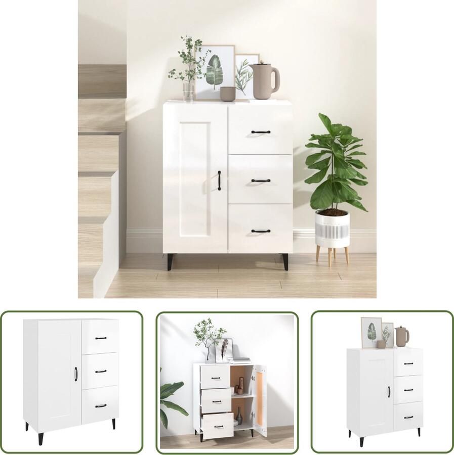 The Living Store Dressoir 69 5x34x90 cm bewerkt hout hoogglans wit Dressoir Bijzetkast Klassieke Stijl Hoogglans Wit Opbergruimte