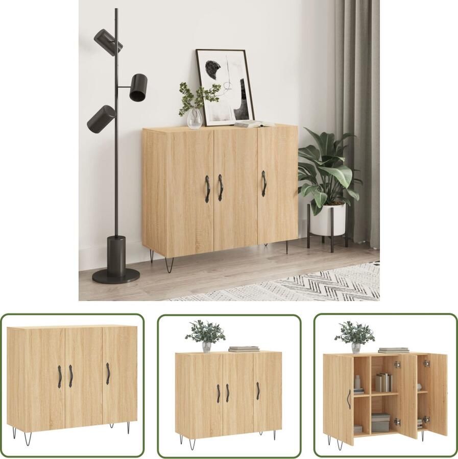 The Living Store Dressoir 90x34x80 cm bewerkt hout sonoma eikenkleurig Dressoir Salontafel Houten Dressoir Opbergmeubels Livingroom Furniture