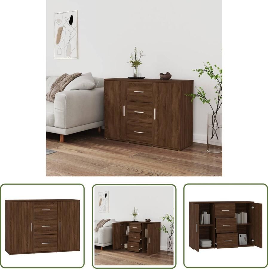 The Living Store Dressoir 91x29 5x65 cm bewerkt hout bruin eikenkleur Dressoir Kast Houten Dressoir Bruine Eiken Vintage Dressoir