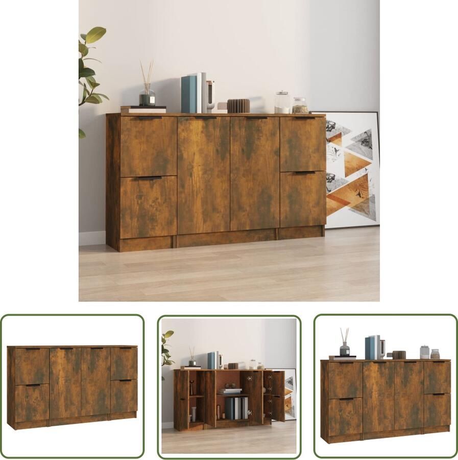 The Living Store Dressoirs 3 st bewerkt hout gerookt eikenkleurig Dressoir Houten Dressoir Vintage Dressoir Landelijke Dressoir Multifunctionele Kast