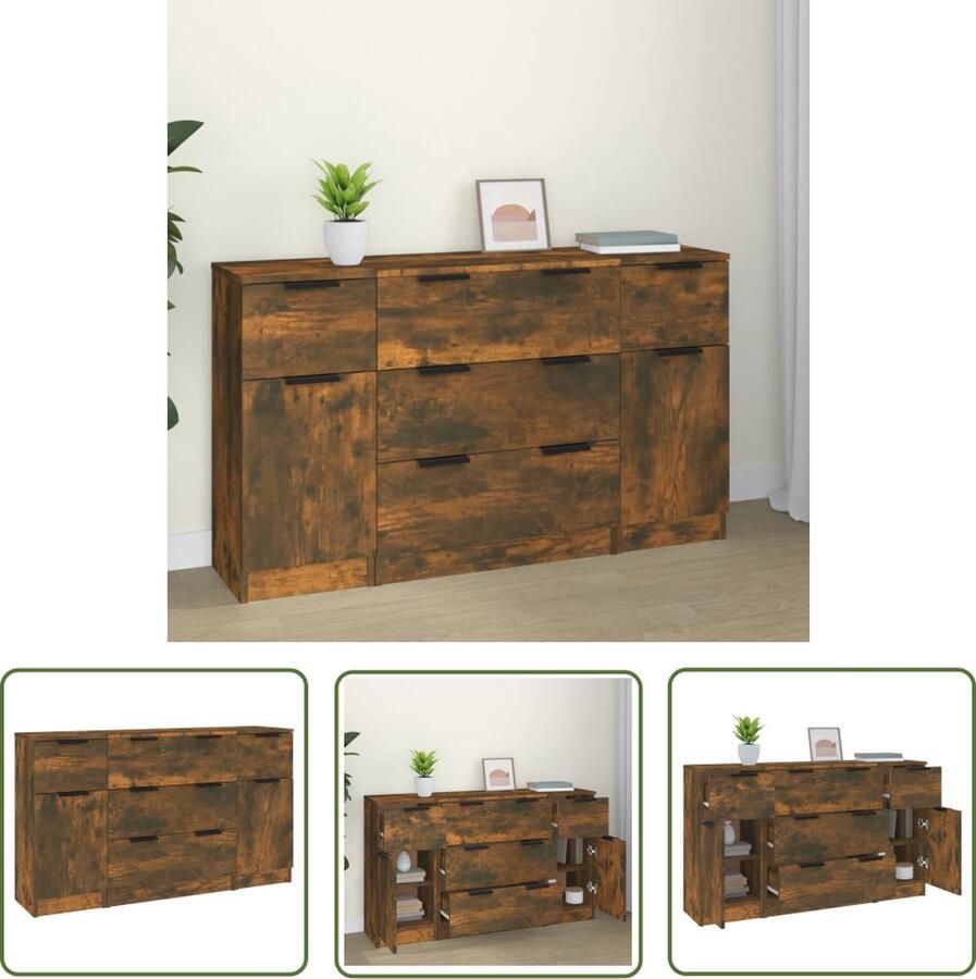The Living Store 3-delige Dressoirset bewerkt hout gerookt eiken Minimalistisch Design Dressoir Houten Kast Bergruimte Landelijk Interieur