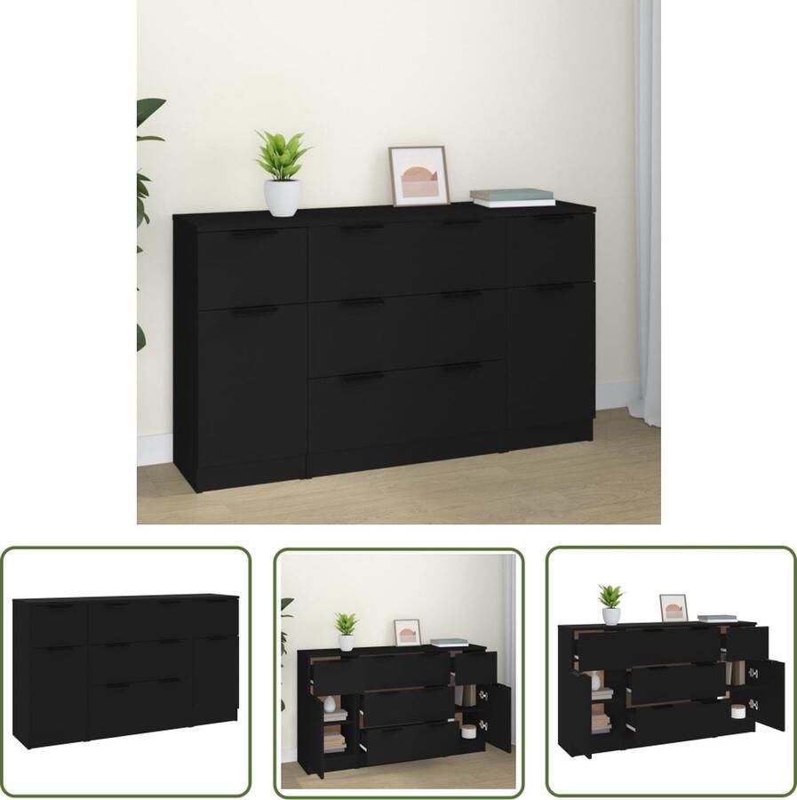 The Living Store 3-delige Dressoirset bewerkt hout zwart Dressoir Kast Houten Dressoir Minimalistisch Dressoir Zwarte Dressoir