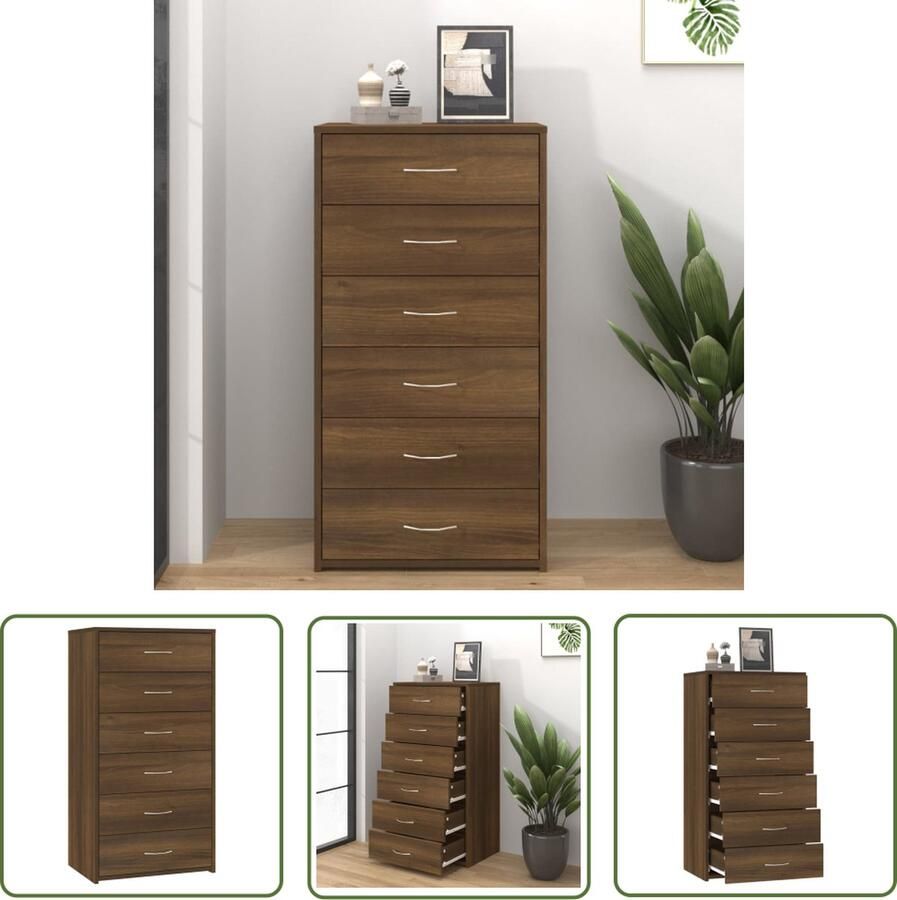 The Living Store Dressoir met 6 lades 50x34x96 cm bewerkt hout bruin eikenkleur Dressoir Houten Dressoir Bruine Eiken Dressoir Opberg Dresser Salontafel