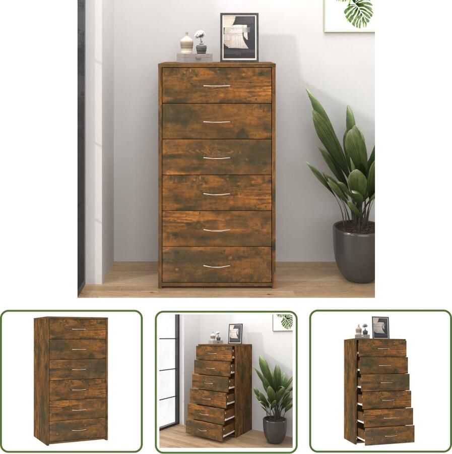 The Living Store Dressoir met 6 lades 50x34x96 cm bewerkt hout gerookt eiken Dressoirs Houten Dressoir Ladekasten Opbergkasten Woonkamermeubilair