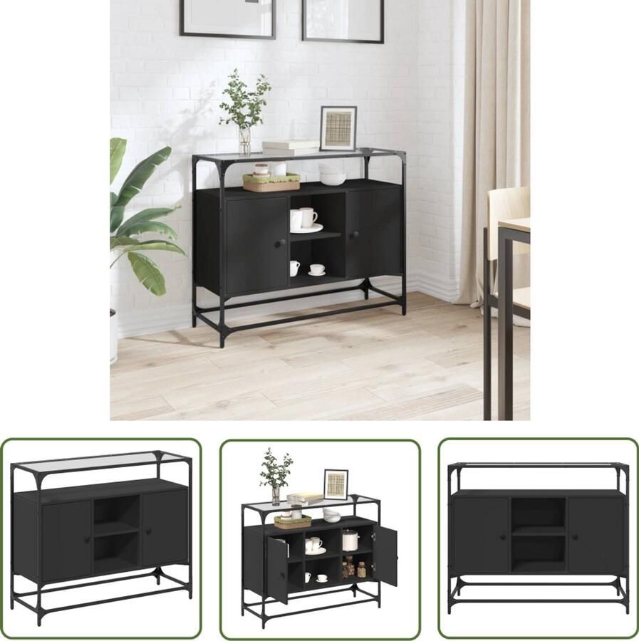 The Living Store Dressoir met glazen blad 98x35x81 cm bewerkt hout zwart Bijzetkast Dressoir Opbergkast Houten Meubels Zwarte Meubelen