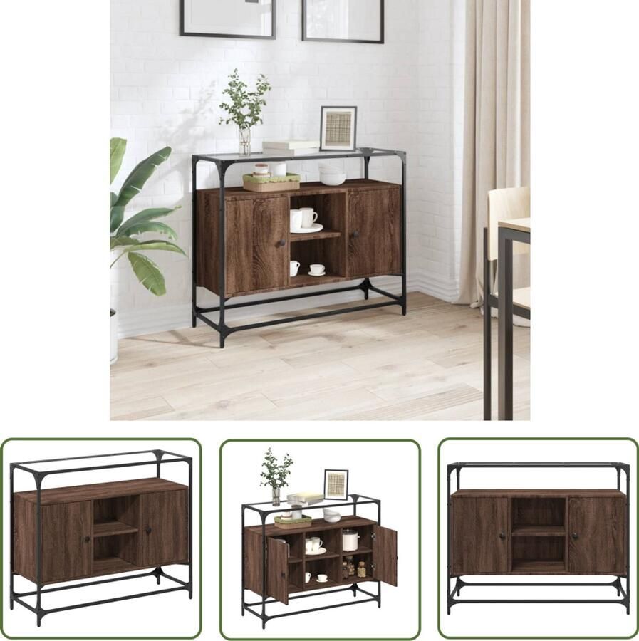 The Living Store Dressoir met glazen blad 98x35x81 cm hout bruin eikenkleurig Dressoir Bijzettafel Houten Meubels Bruine Eiken Kleur Opbergkast