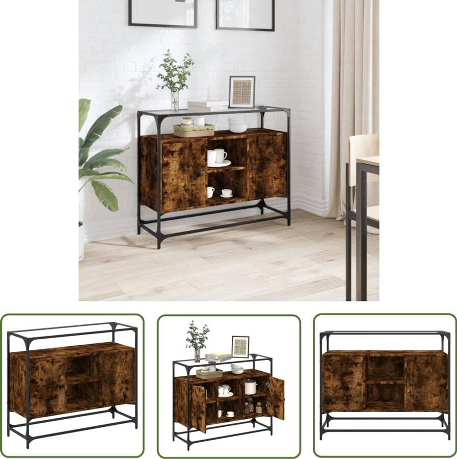 VidaXL Dressoir met glazen blad 98x35x81 cm hout gerookt eikenkleurig Dressoir Houten Dressoir Vintage Dressoir Modern Dressoir Landelijk Dressoir