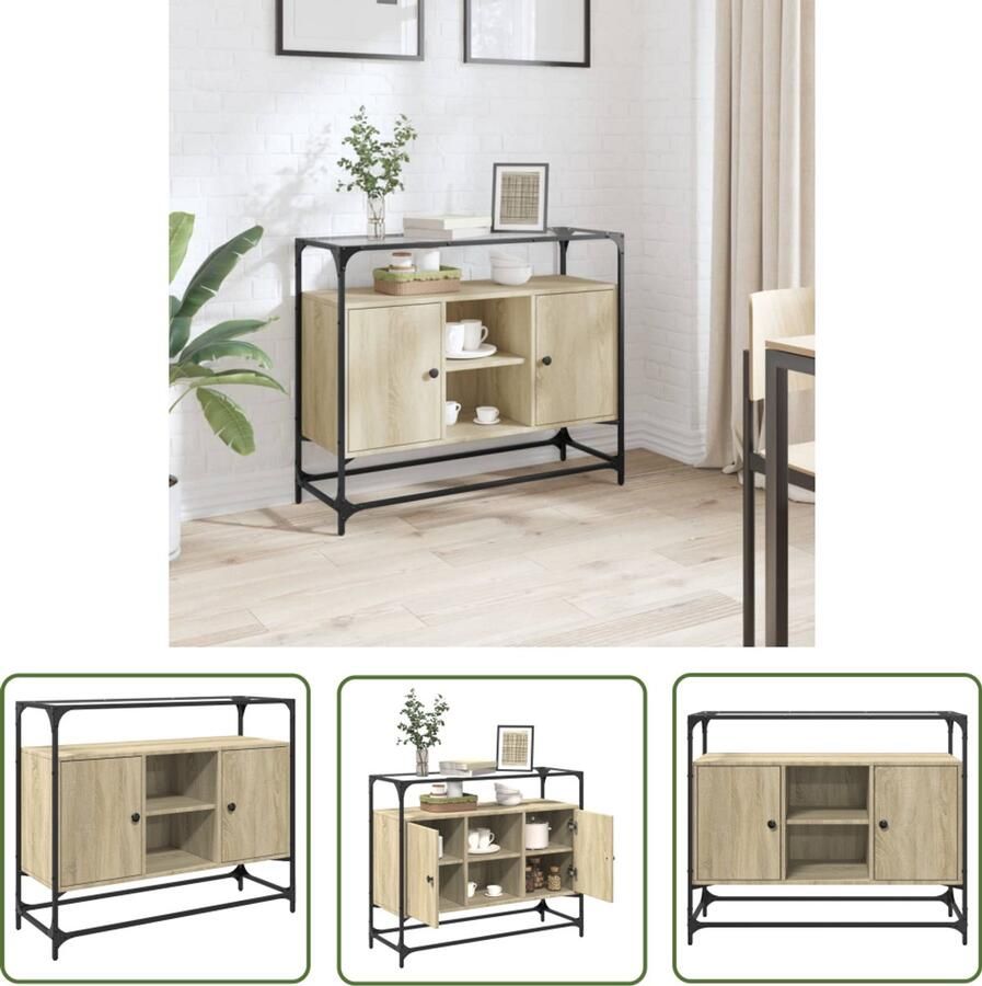 The Living Store Dressoir met glazen blad 98x35x81 cm hout sonoma eikenkleurig Dressoir Bijzettafel Salontafel Houten Dressoir Opbergkast