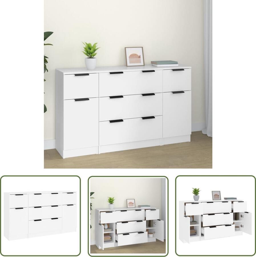 The Living Store Dressoirs Minimalistische Charme Wit 60 x 30 x 70 cm 2x Dressoir met een deur 1x Dressoir met 3 lades