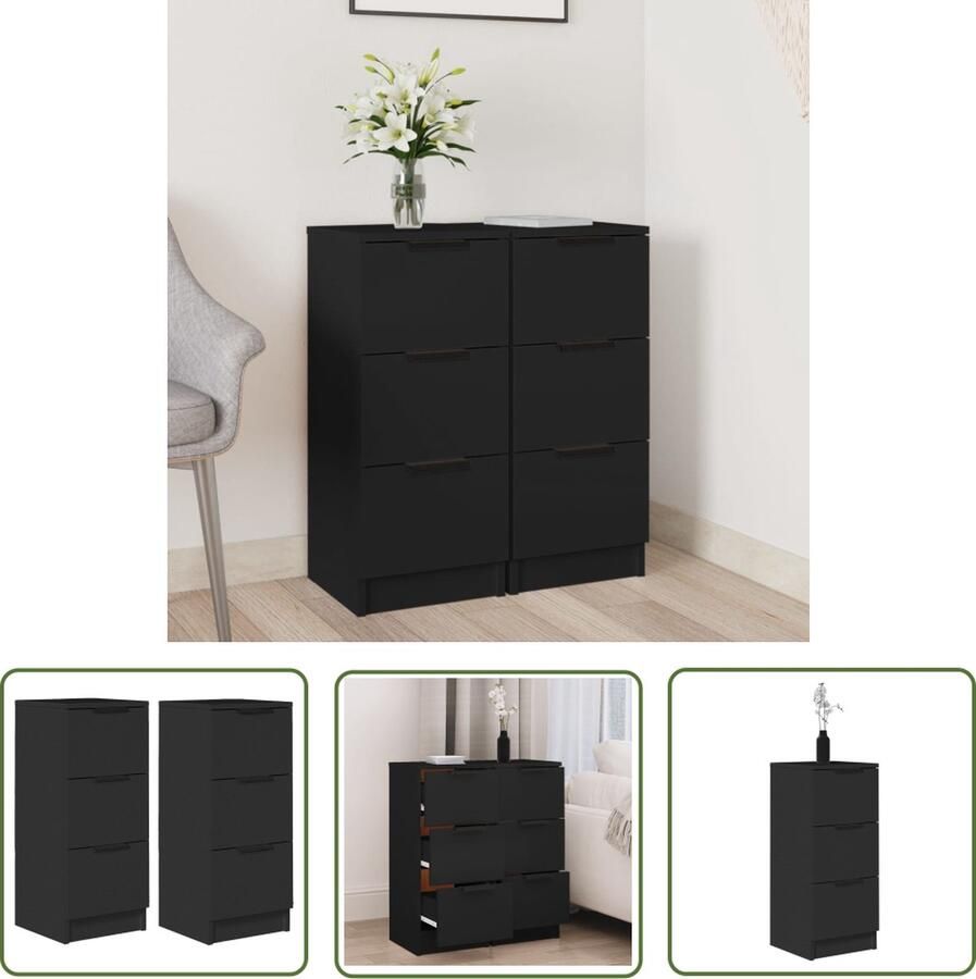 The Living Store Dressoirs 2 st 30x30x70 cm bewerkt hout zwart Dressoir Houten Dressoir Black Dresser Bijzettafel Nachtkastje