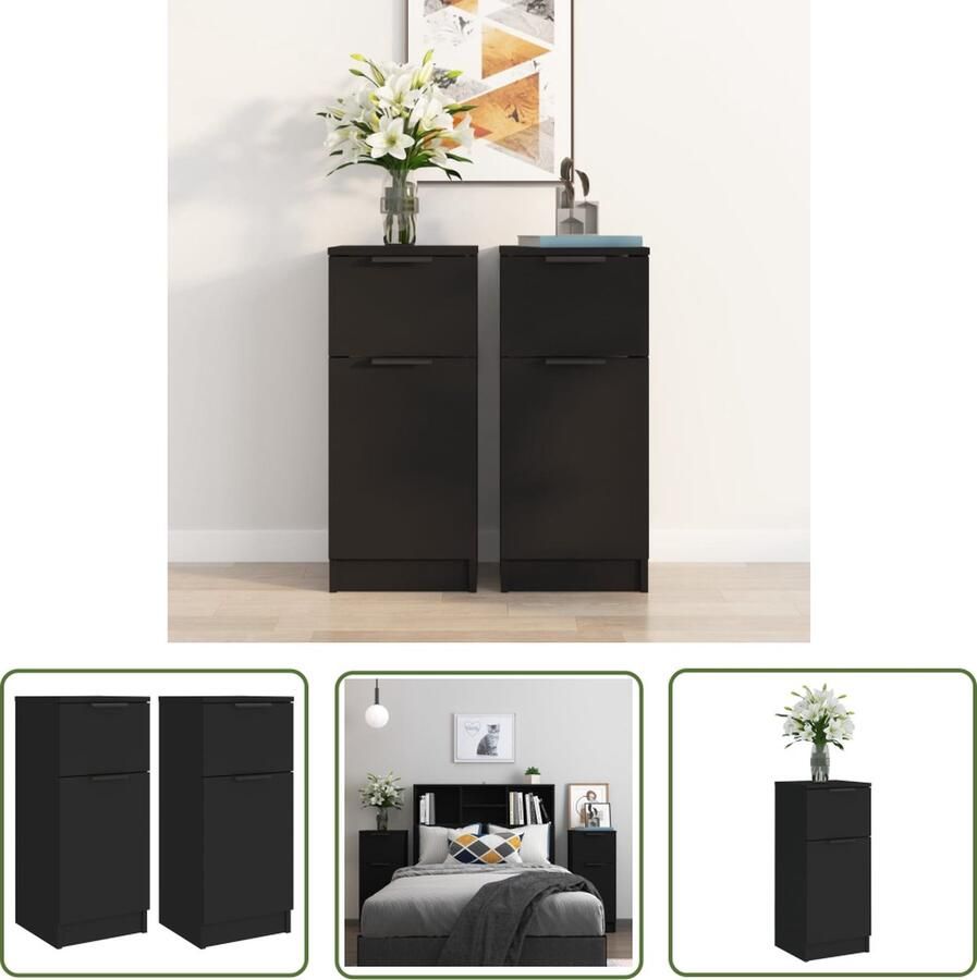 The Living Store Dressoirs 2 st 30x30x70 cm bewerkt hout zwart Dressoir Houten Dressoir Black Dresser Badkamer Meubel Slaapkamer Meubel - Foto 2