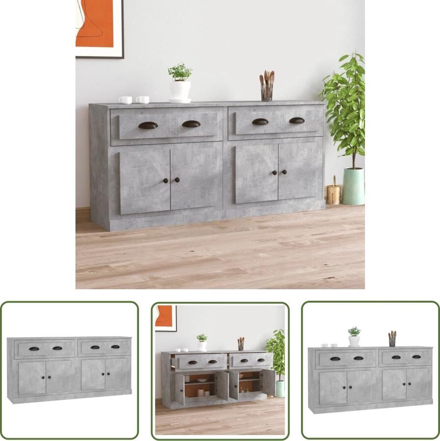 The Living Store Dressoirs 2 st bewerkt hout betongrijs Dressoir Houten Dressoir Grijze Dressoir Vintage Dressoir Modern Dressoir