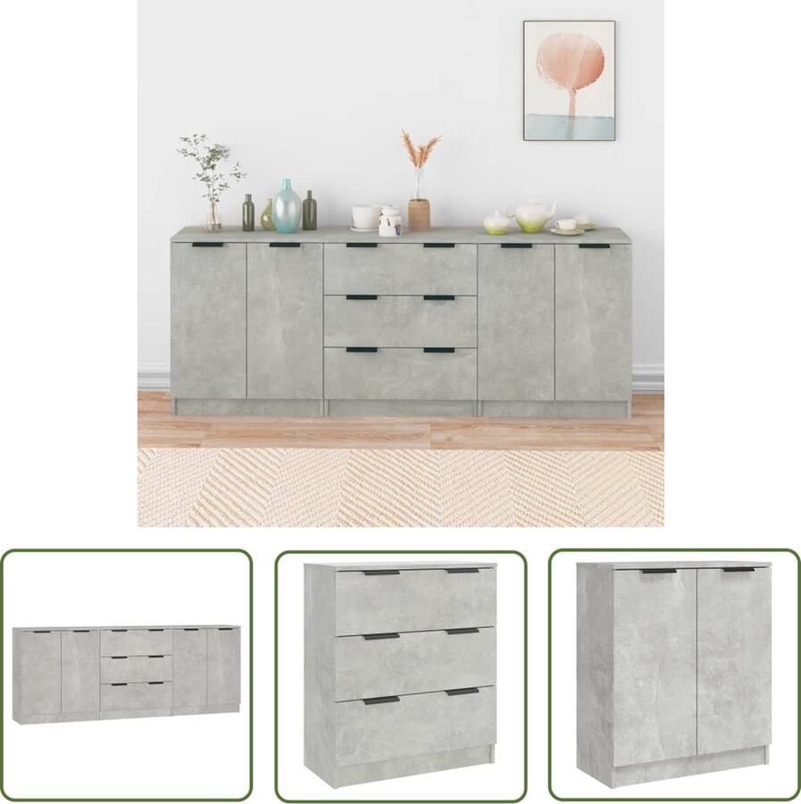 The Living Store 3-delige Dressoirs bewerkt hout betongrijs Dressoir Houten Dressoir Grijze Dressoir Minimalistisch Dressoir Opbergmeubel