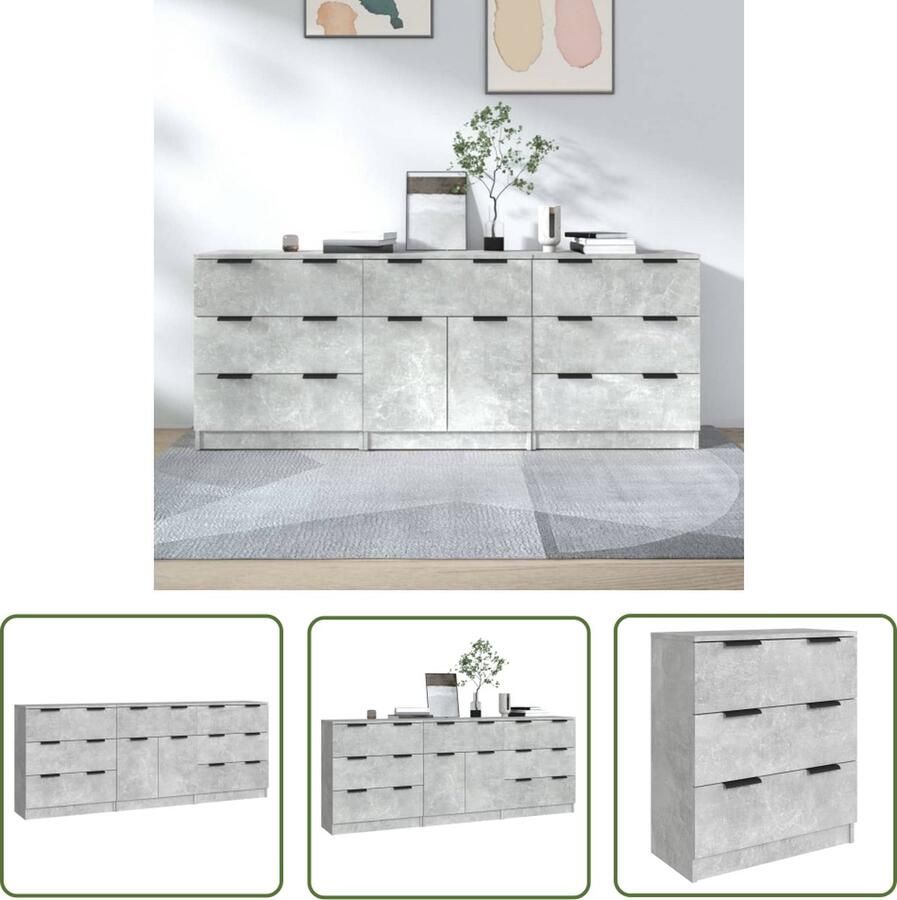 The Living Store 3-delige Dressoirs bewerkt hout betongrijs Dressoir Opbergmeubel Betonlook Houten Dressoir Multifunctioneel Meubel