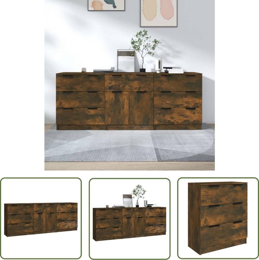 The Living Store 3-delige Dressoirs bewerkt hout gerookt eiken Dressoir Houten Dressoir Vintage Dressoir Landelijke Dressoir Multifunctionele Kast
