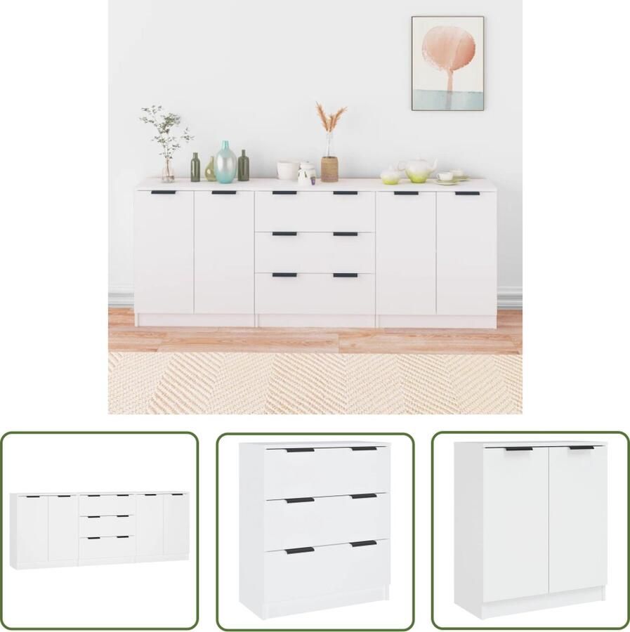 The Living Store 3-delige Dressoirs bewerkt hout wit Dressoir Minimalistisch Design Houten Dressoir Wit Dressoir Opbergkast