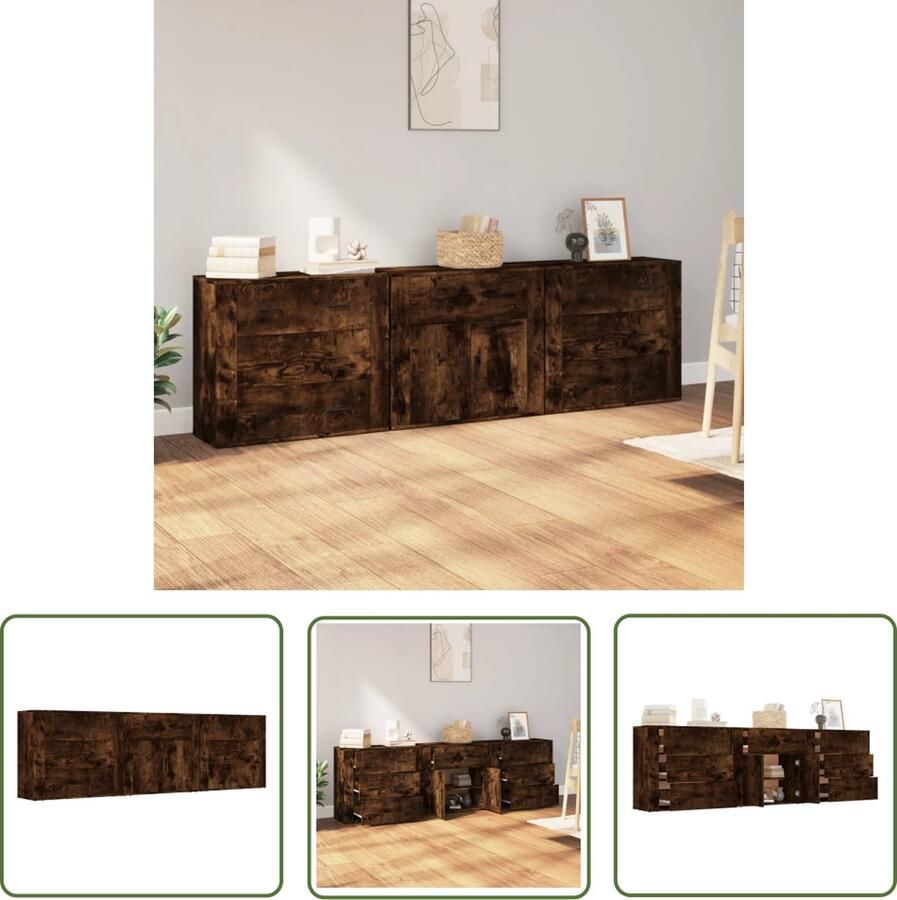The Living Store Dressoirs 3 st bewerkt hout gerookt eikenkleurig Dressoir Houten Dressoir Vintage Dressoir Landelijk Dressoir Gerookt Eiken