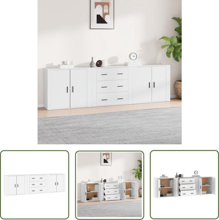 The Living Store Dressoirs 3 st bewerkt hout wit Dressoir Klassiek Meubel Houten Dressoir Wit Dressoir Opbergmeubel - Foto 2