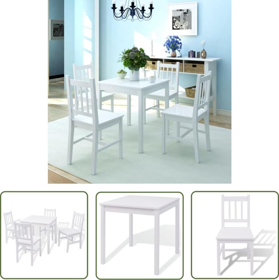 The Living Store Eethoek Grenenhout Tafel 70x70x73.8 cm Stoel 41x47x86.5 cm Wit Eetkamerset Houten Eethoek Eettafel Eetkamerstoelen Grenenhout Meubilair