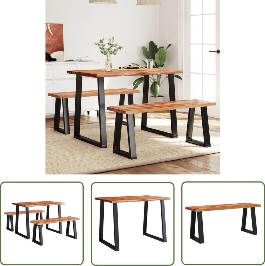 VidaXL Houten Eettafel Eetkamer Set 3-delige Eethoek met natuurlijke rand massief acaciahout Acacia Meubels Zwarte Eettafel Bankjes