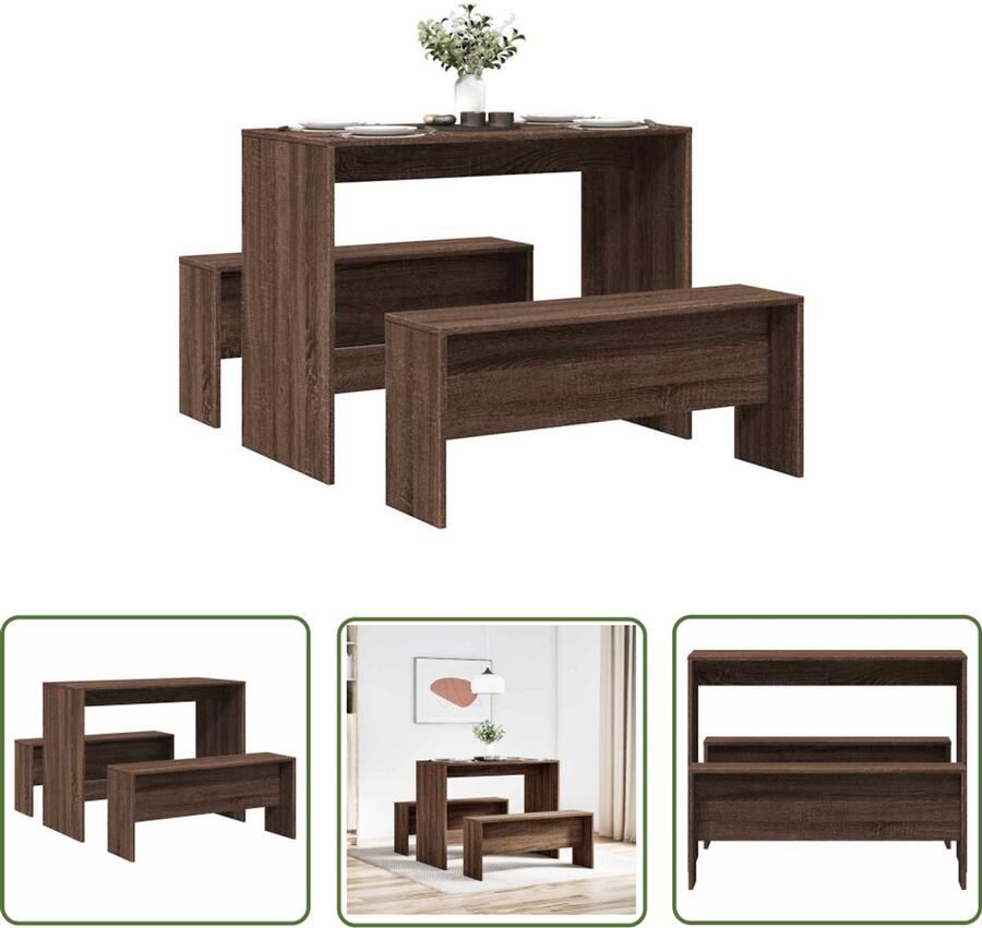 The Living Store 3-delige Eettafel en bankenset bewerkt hout bruin eikenkleur Eetkamerset Houten Eettafel Bankje Eettafels Salontafel