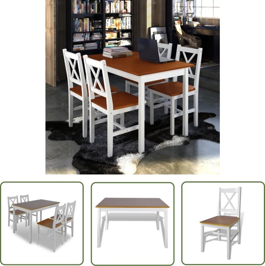 The Living Store Eetkamerset 5-delige Massief hout Bruin wit 108x65x73cm 39x41x85.5cm Eetkamerset Houten Eettafel Bruine Eettafel Witte Eettafel Landelijke Eethoek
