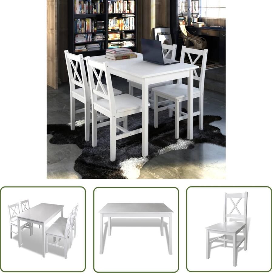 The Living Store Eetkamerset Massief hout 5-delig Wit 108x65x73 cm (LxBxH) 39x41x85.5 cm (BxDxH) Grenenhout Gelakte afwerking Eetkamerset Houten Eettafel Eetkamerstoelen Landelijke Meubels Witte Eettafel