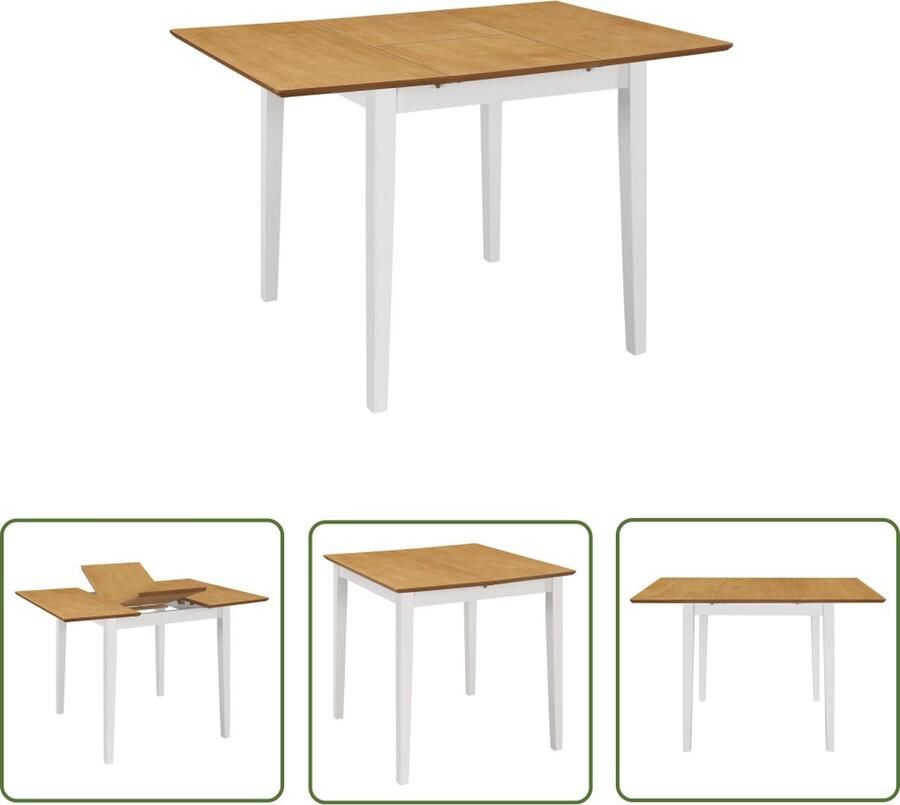 The Living Store Eettafel Verlengbaar Wit Bruin (80-120) x 80 x 74 cm Massief rubberwooden MDF tafelblad Eettafel Houten Eettafel Extensibele Eettafel Witte Eettafel Bruine Eettafel - Foto 2