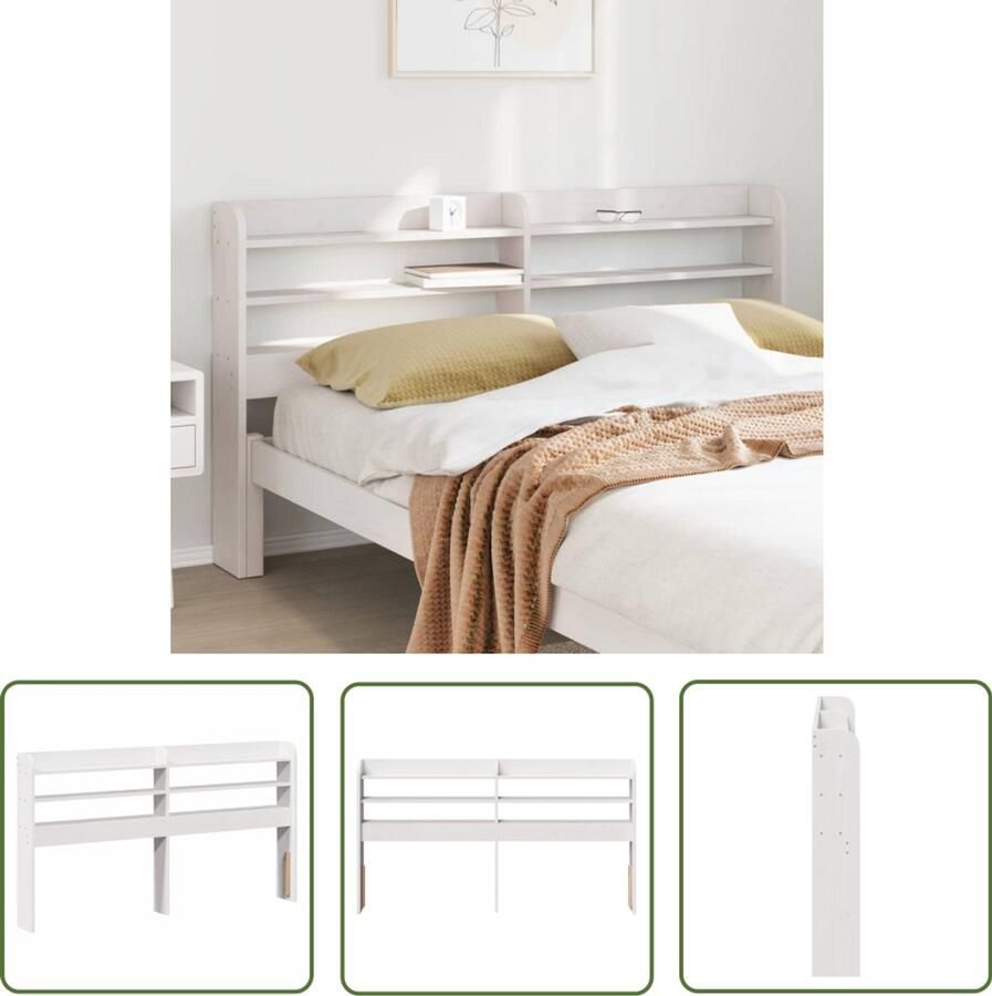 The Living Store Hoofdbord met schappen 160 cm massief grenenhout wit Hoofd Bord Houten Hoofdbord Grenenhouten Hoofdbord Met Opbergvakken Slaapkamer Meubels