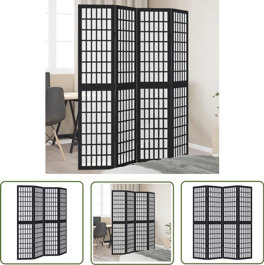The Living Store Kamerscherm met 4 panelen massief paulowniahout zwart Kamerscherm Houten Kamerdivider Privacy Screen Wandafscheider Paulowniahout