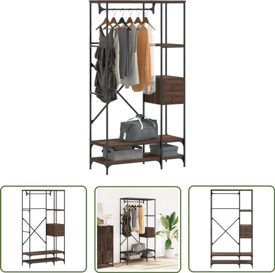 The Living Store Kledingrek met schappen bewerkt hout bruin eikenkleur Kledingkast Houten Kapstok Garderobe Kledingopbergers Dressoir