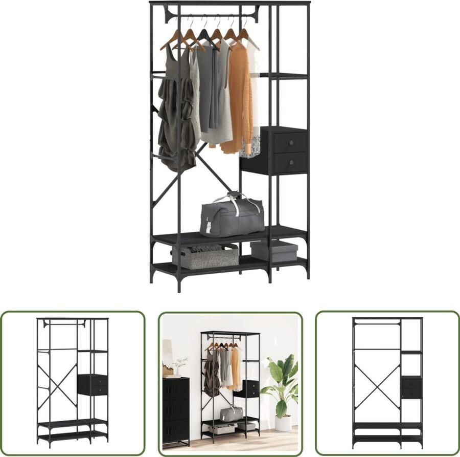 The Living Store Kledingrek met schappen bewerkt hout zwart Kapstok Houten Kapstok Kledingrek Garderobe Opbergkast