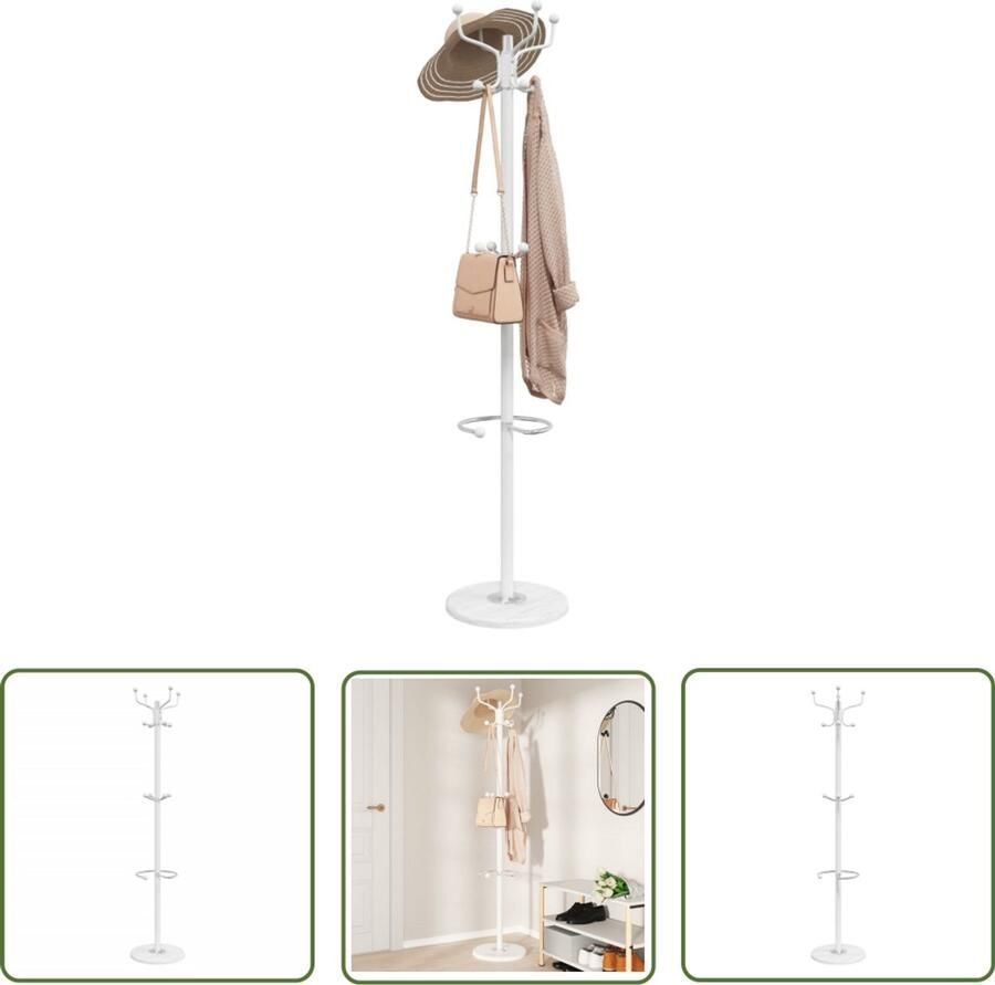 The Living Store Kapstok met Parapluhouder IJzer 12 Haken Marmeren Voet Wit Kapstok Houten Kapstok Wandkapstok Garderobe Entryway Furniture