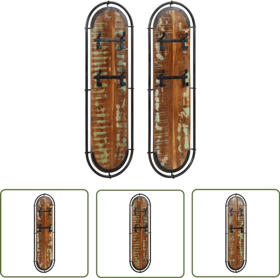 The Living Store Wandkapstokken 2 st met 4 haken massief gerecycled hout Wandkapstok Houten Kapstok Vintage Kapstok Industriële Kapstok Rek Hangend
