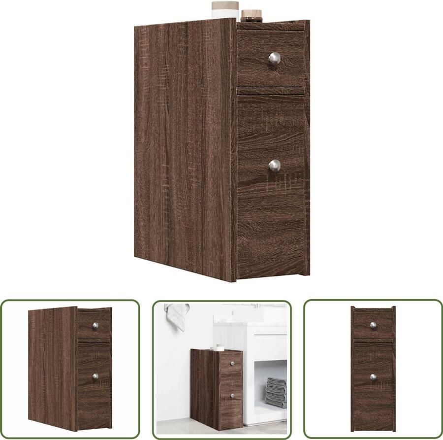 The Living Store Badkamerkast smal met wielen bewerkt hout bruin eikenkleurig Badkamerkast Houten Kast Opbergkast Kleine Kast Badkameraccessoires