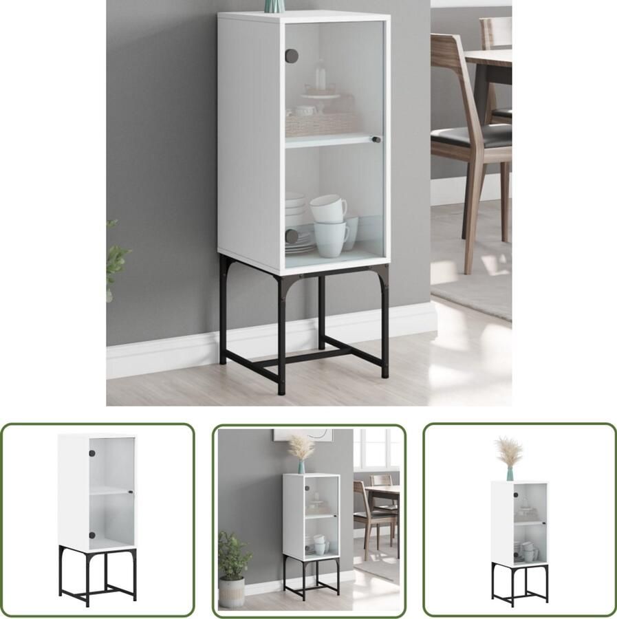The Living Store Bijzetkast met glazen deur 35x37x100 cm wit Dressoir Bijzettafel Vintage Meubels Houten Meubel Wit Dressoir