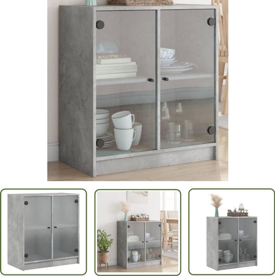 The Living Store Bijzetkast met glazen deuren 68x37x75 5 cm betongrijs Dressoir Bijzettafel Houten Meubel Opbergmeubel Vintage Design