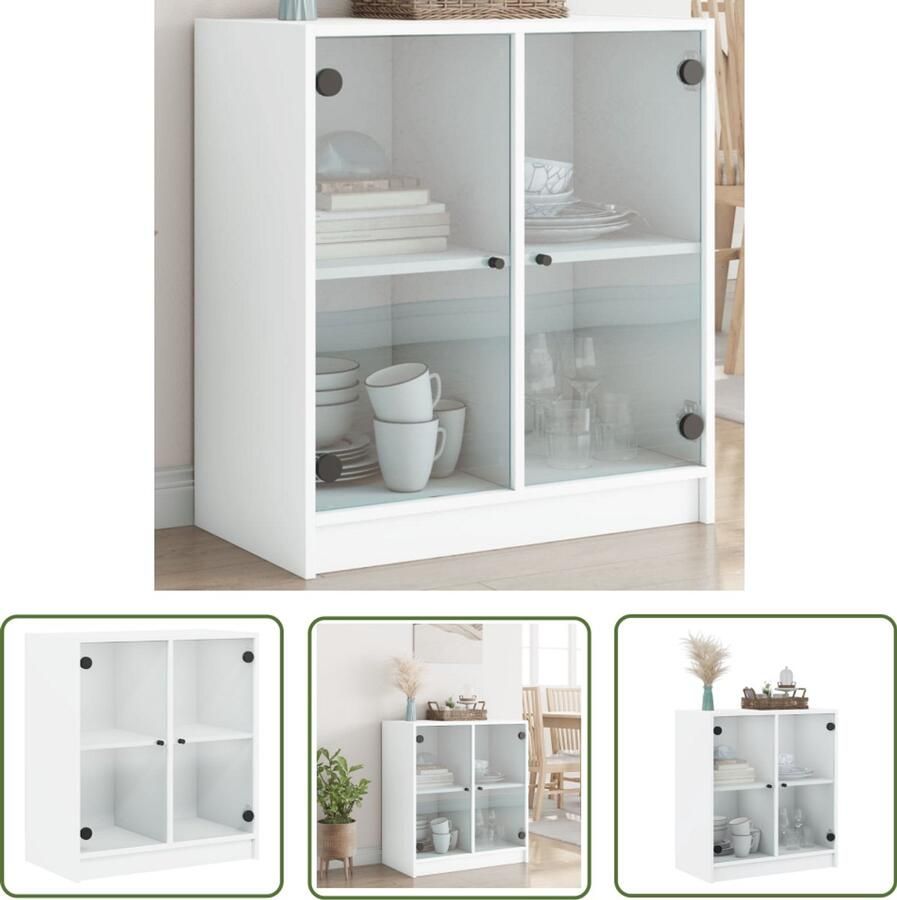 The Living Store Bijzetkast met glazen deuren 68x37x75 5 cm wit Dressoir Bijzettafel Opslagkast Houten Kast Vitrinekast