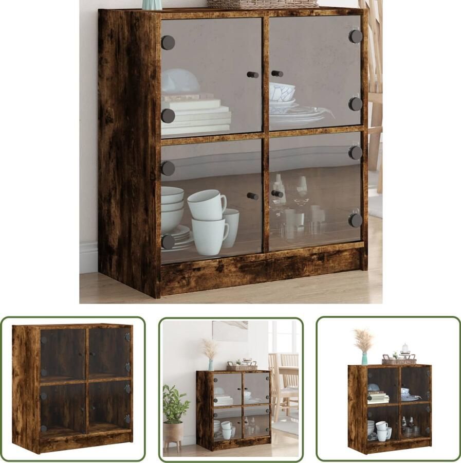 The Living Store Bijzetkast met glazen deuren 68x37x75 5 cm gerookt eikenkleurig Dressoir Bijzettafel Houten Kast Vintage Kast Bergruimte
