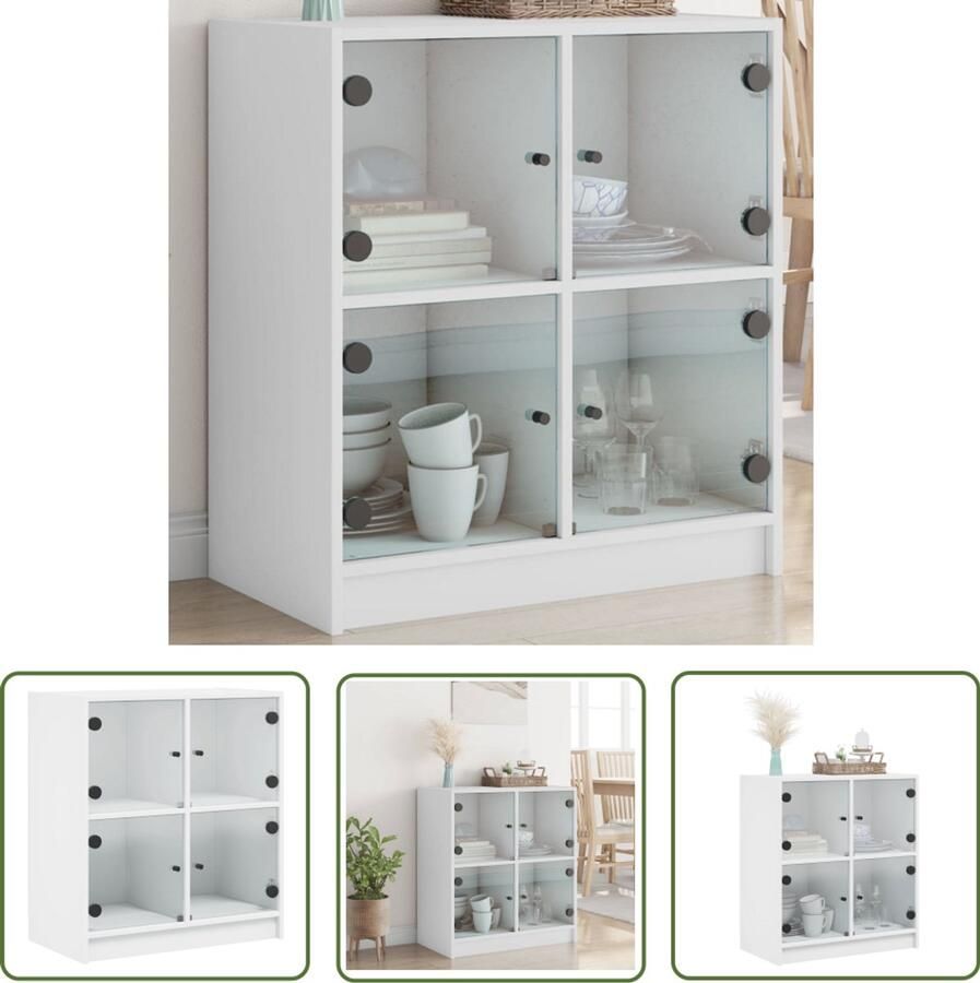 VidaXL Bijzetkast met glazen deuren 68x37x75 5 cm wit Bijzettafel Houten Kast Vitrinekast Opslagkast Living Room Furniture