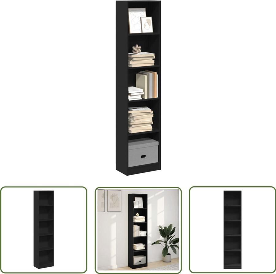 The Living Store Boekenkast 40x24x176 cm bewerkt hout zwart Boekenkast Houten Kast Opbergkast Bibliotheekkast Zwarte Kast