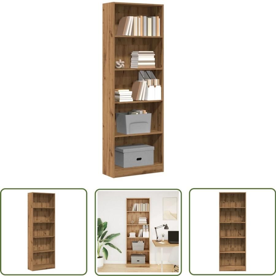The Living Store Boekenkast 60x24x176 cm bewerkt hout artisanaal eikenkleurig Boekenkast Houten Kast Opslagoplossing Bibliotheek Interieurdecoratie