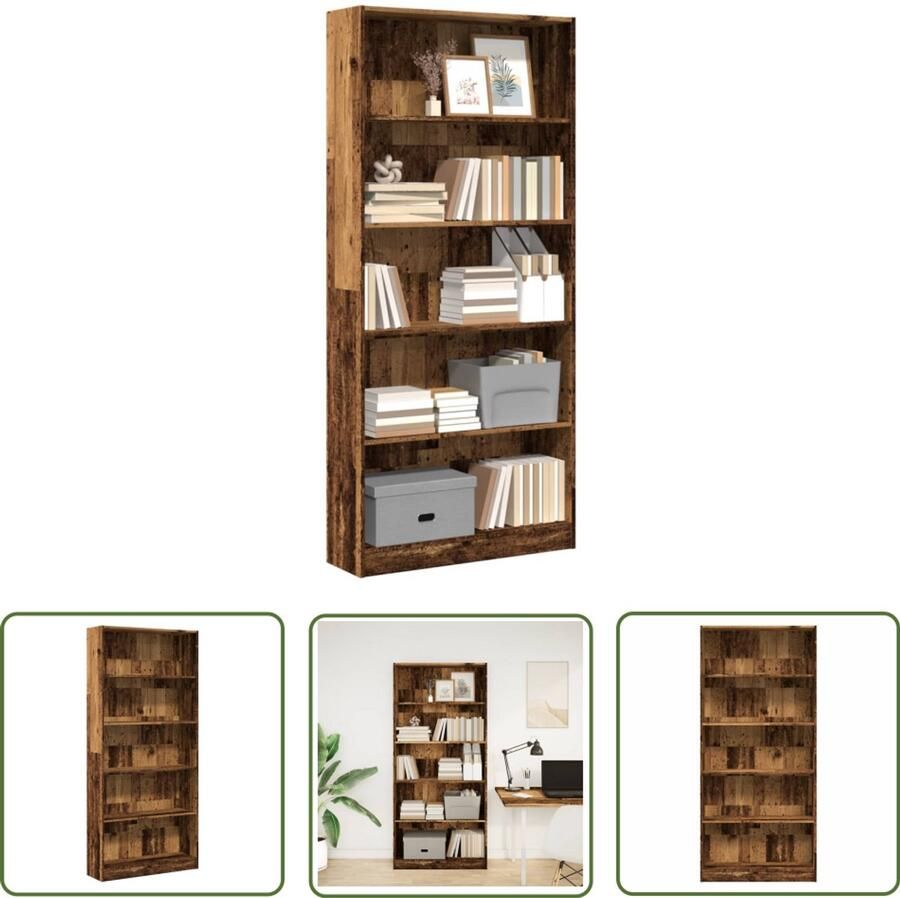 The Living Store Boekenkast 80x24x176 cm bewerkt hout oud houtkleurig Boekenkast Houten Kast Opslagoplossing Bibliotheekkast Interieurdecoratie