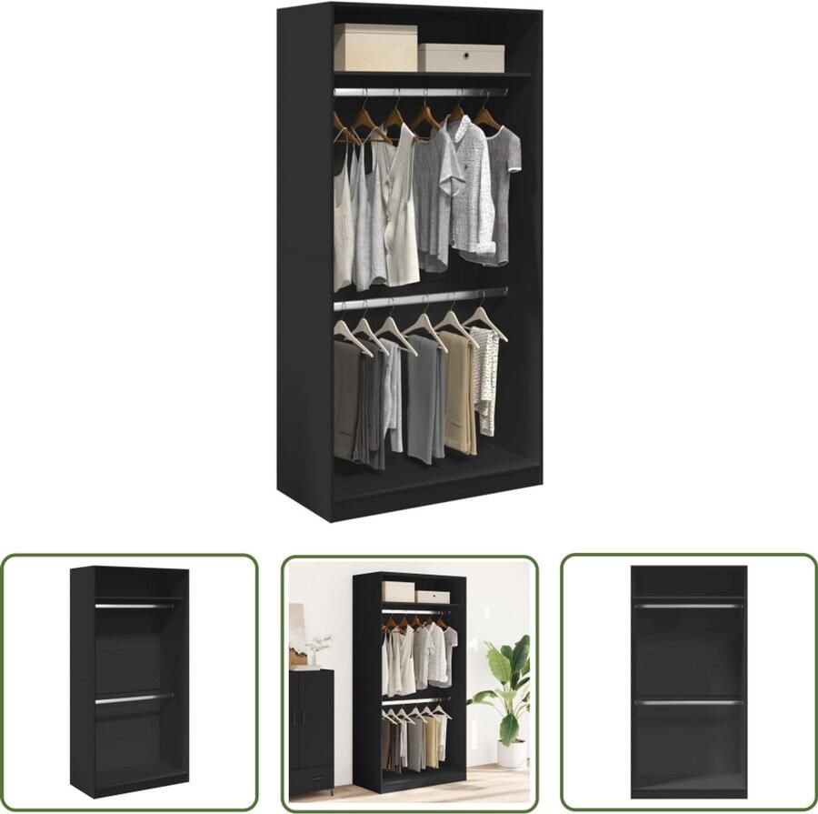 The Living Store Kledingkast 100x50x200 cm bewerkt hout zwart Gangkast Houten Kast Kledingkast Opbergkast Kast Zwart
