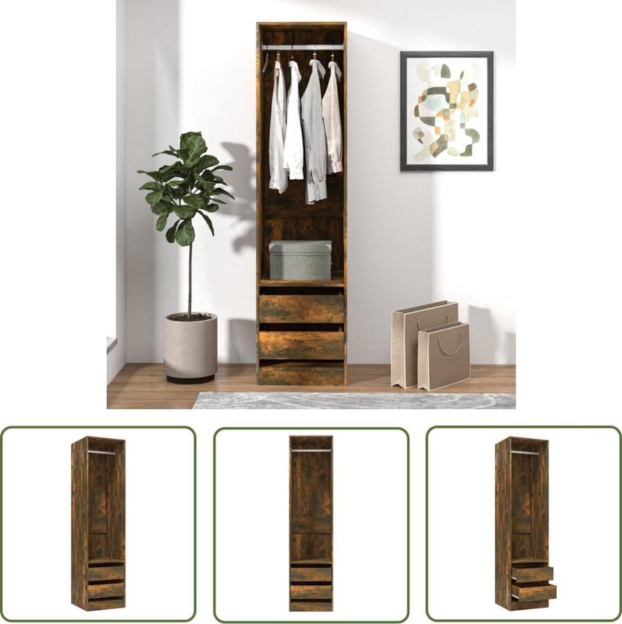 The Living Store Garderobekast Smoked Eiken 50x50x200 cm Met 2 lades ophangstang Garderobe Houten Kast Bruine Kast Vintage Kast Opslagkast - Foto 2