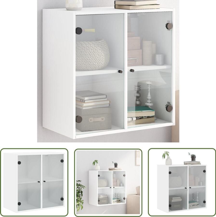 The Living Store Wandkast met glazen deuren 68x37x68 5 cm wit Hangkast Houten Kast Wit Kast Opbergkast Wanddecoratie