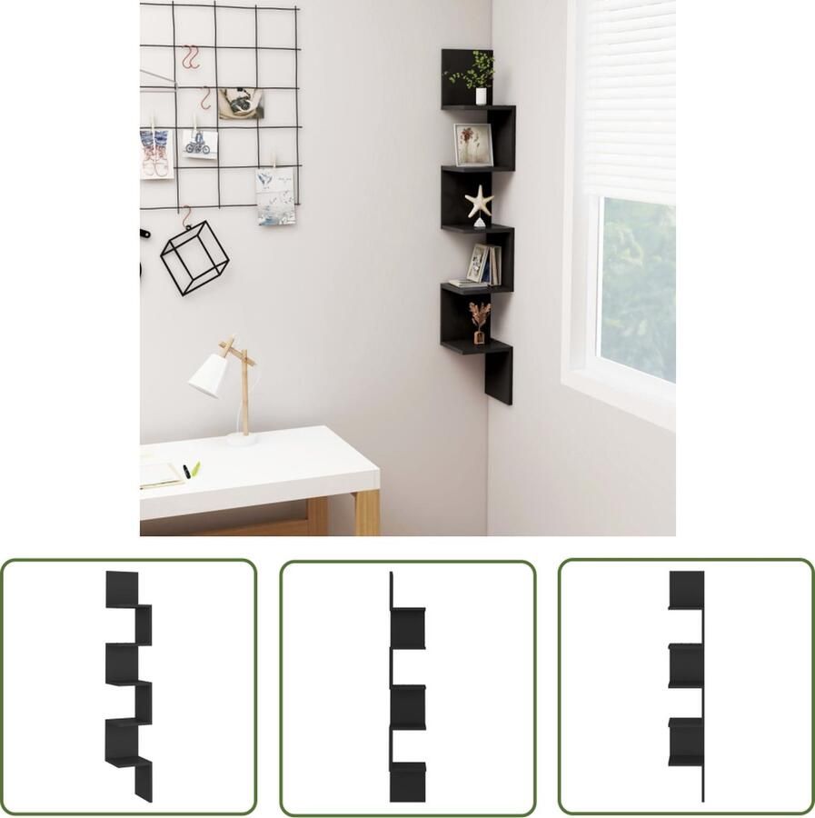 The Living Store Hoekwandschap 20x20x127 5 cm bewerkt hout zwart Hangend Rek Wandplank Schap Decoratief Item Opslagruimte